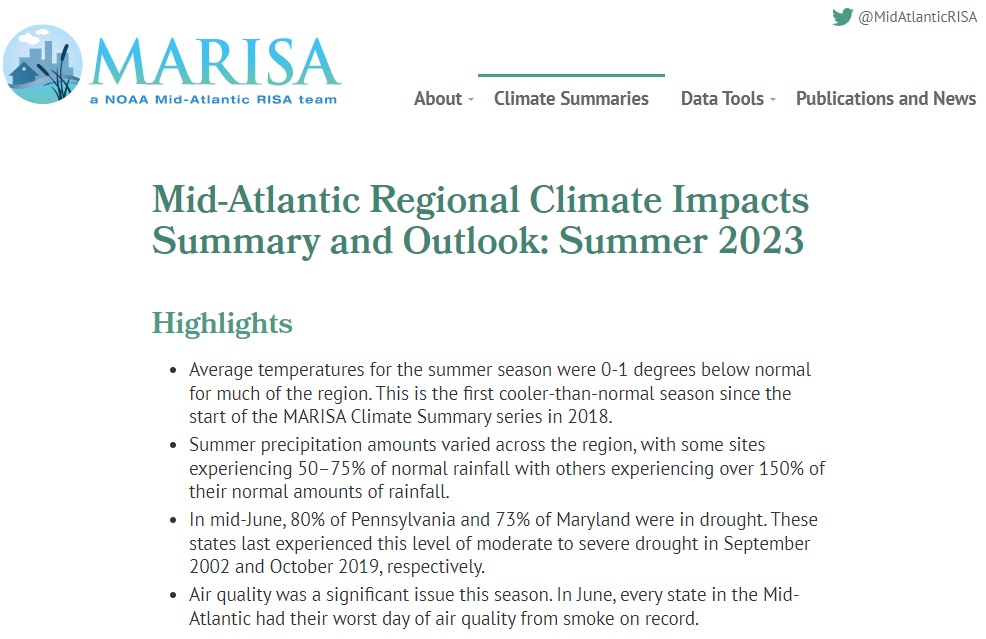 Quarterly Climate Impacts and Outlook for the MidAtlantic Region